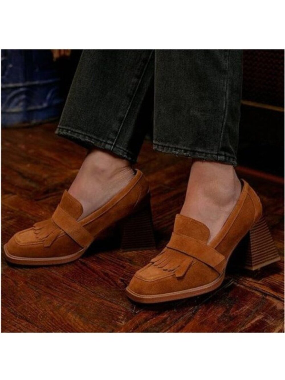 Zszszsu Brown Square Toe Chunky Loafers Tassels Stacked High Heel Slip On Pumps